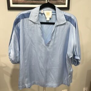 Sporty in satin!  Like new..Emily McCarthy V neck top with sporty style.